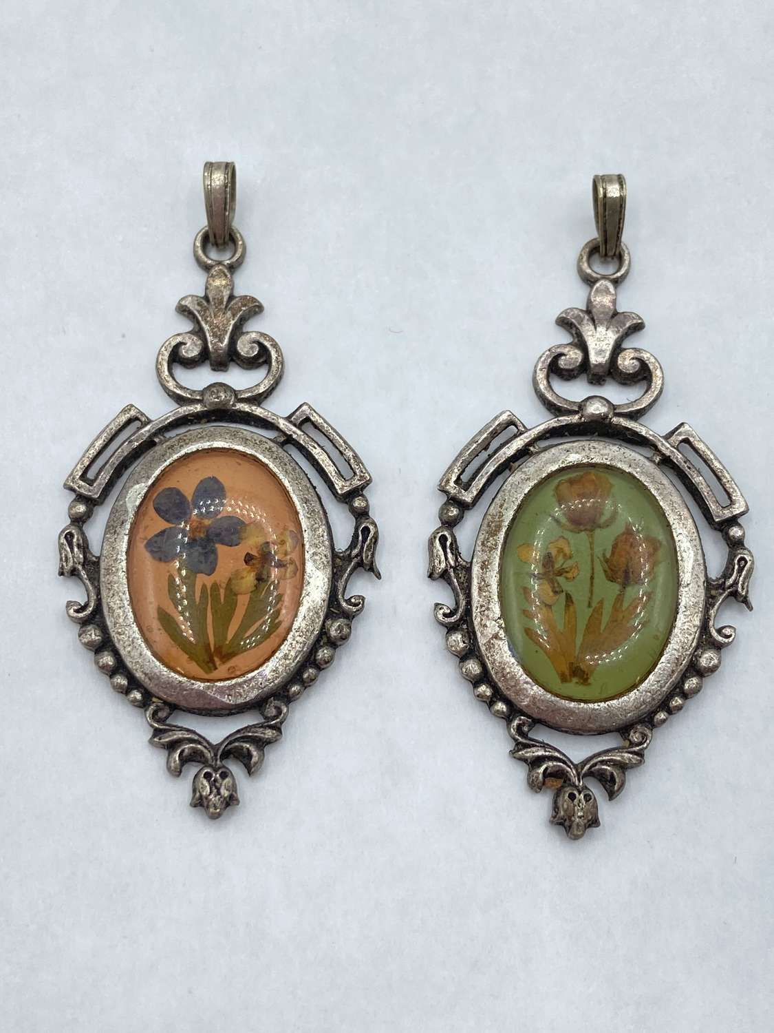 Antique Art Nouveau Silver Plated Enclosed Dried Flower Pendants