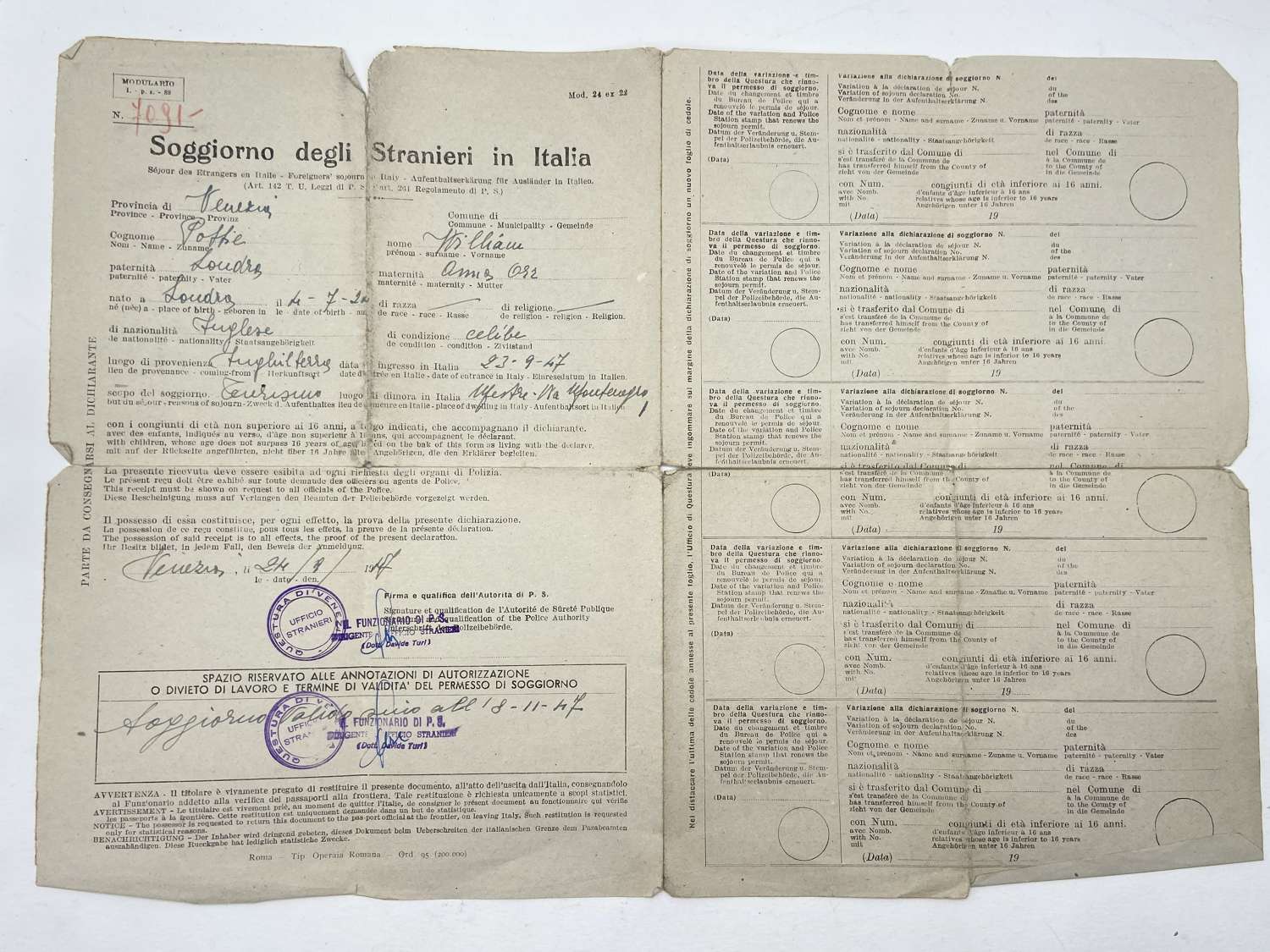 Early Post WW2 Italian Residence Permit For Forgeigners In Italy Doc