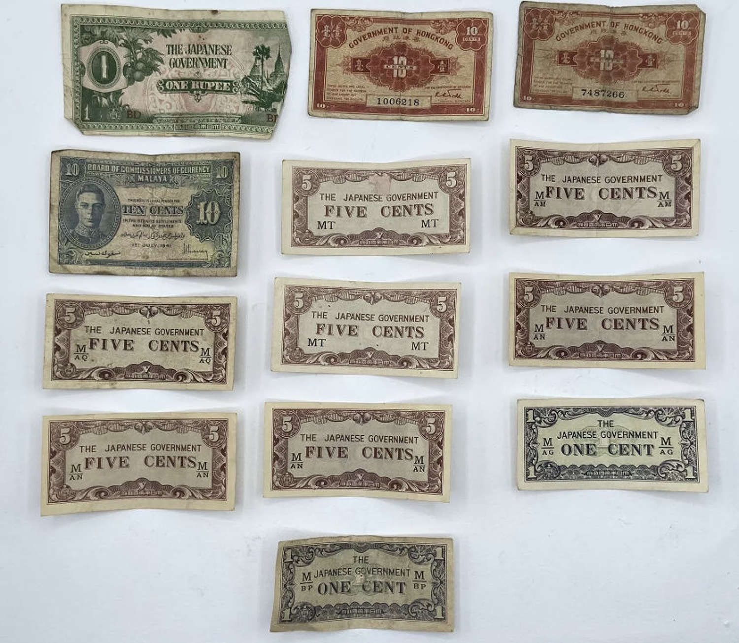 WW2 British Occupation Lot: 13 Notes Of Malaya, Japan & Hong Kong Cent