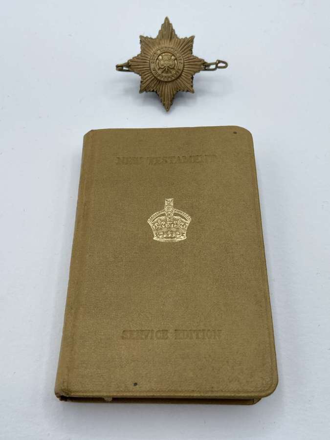 WW2 British New Testimemt Service Edition Bible & Irish Guards Badge