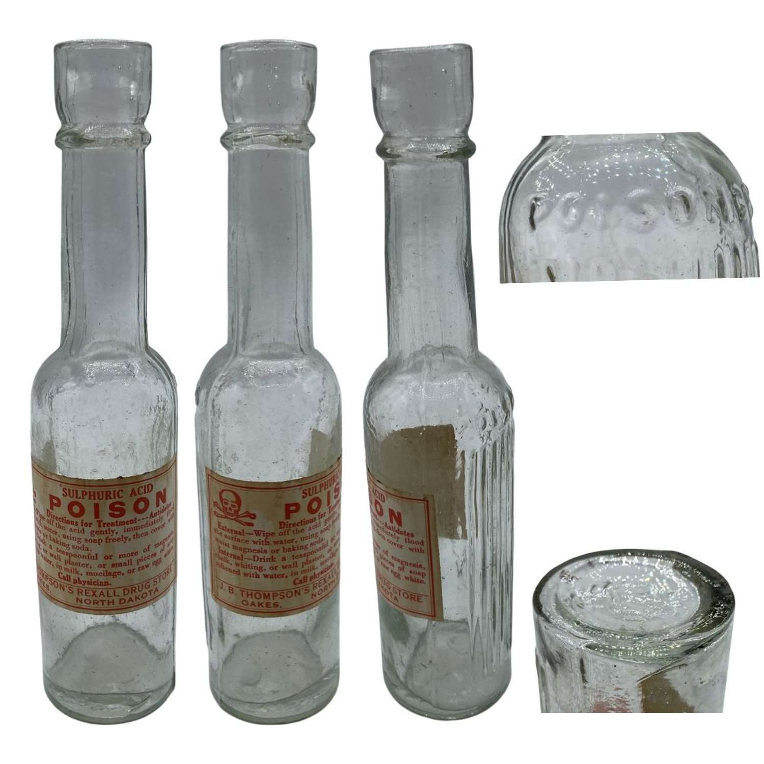 1920s Sulphuric Poison Glass Bottle By J.B Thompson Rexall Dacota USA