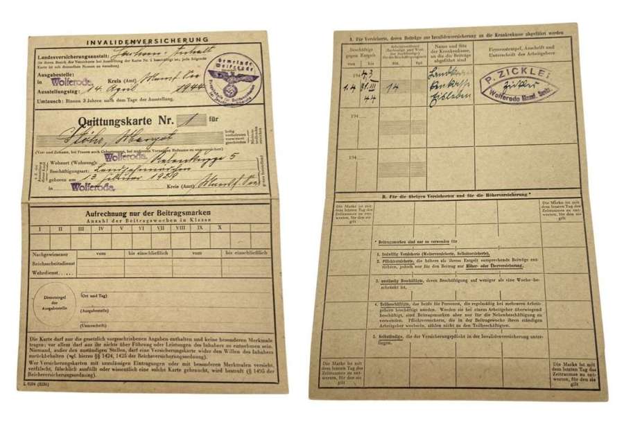 ￼ WW2 German Home Front Employment State Insurance Receipt Card 1944