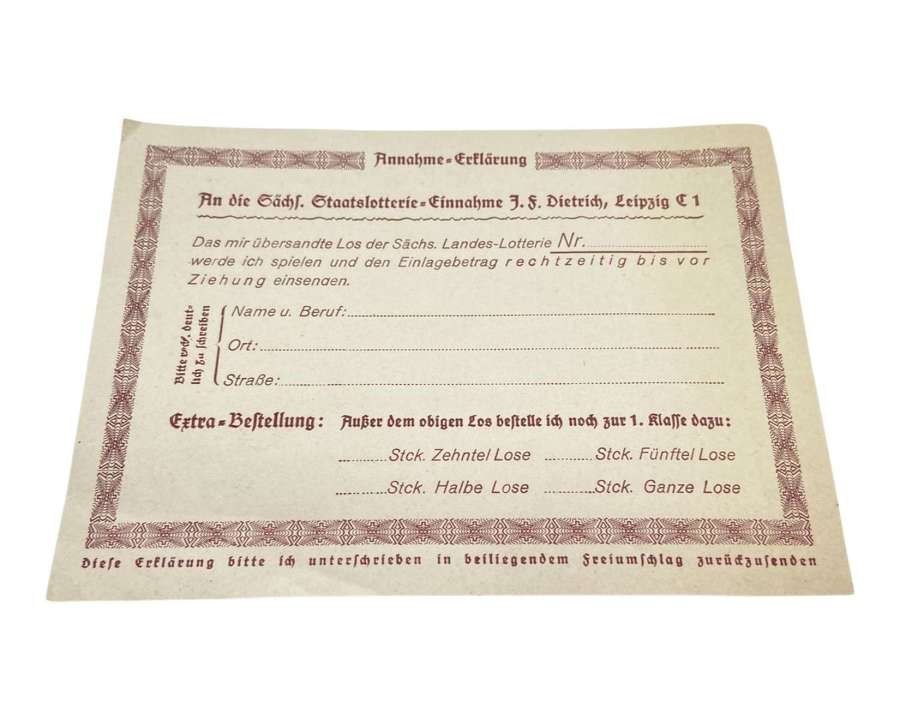 1930s German Saxon State Lottery Leipzig Declaration Of Acceptance