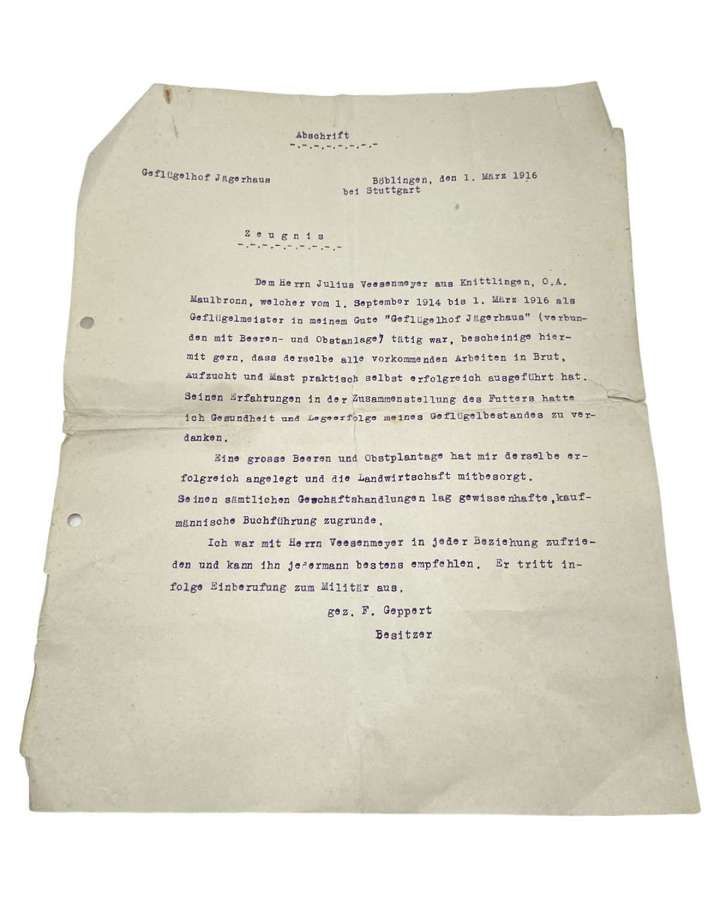 WW1 German Transcript Letter Of Recommendation From Employer To Army