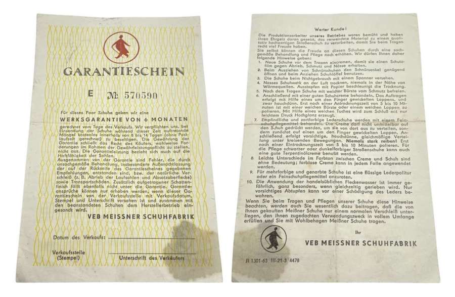 WW2 German MEISSNER SCHUHFABRIK Shoe Manufacture Receipt & Guarantee