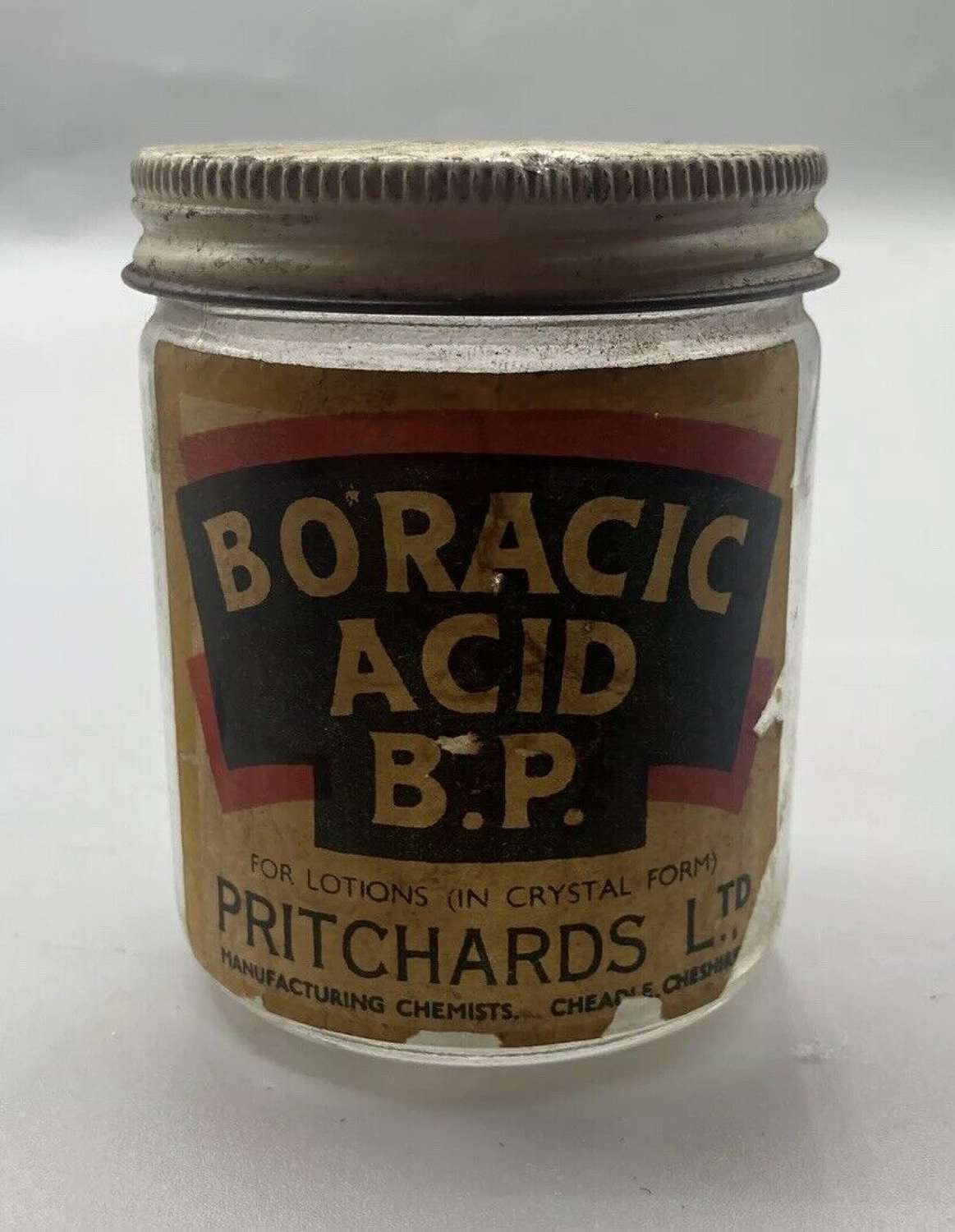 WW2 British Pharmaceutical Boracic Acid Pritchards Ltd Jar & Label