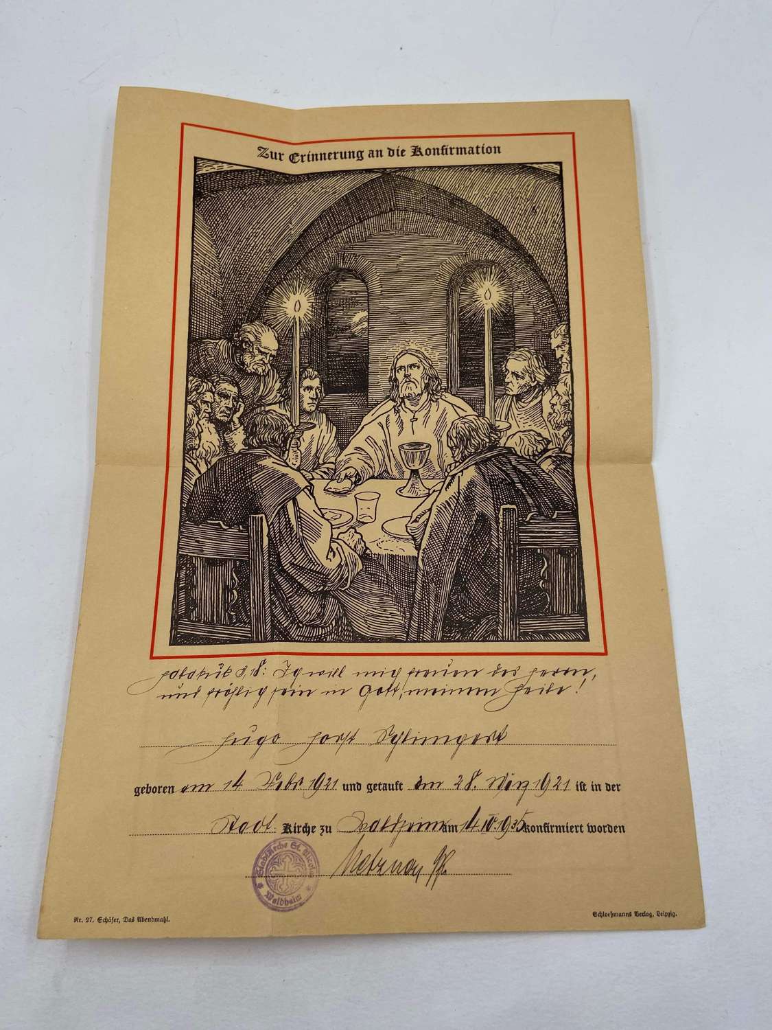 WW1 German 1921 Dated Certificate Commemorating The Confirmation