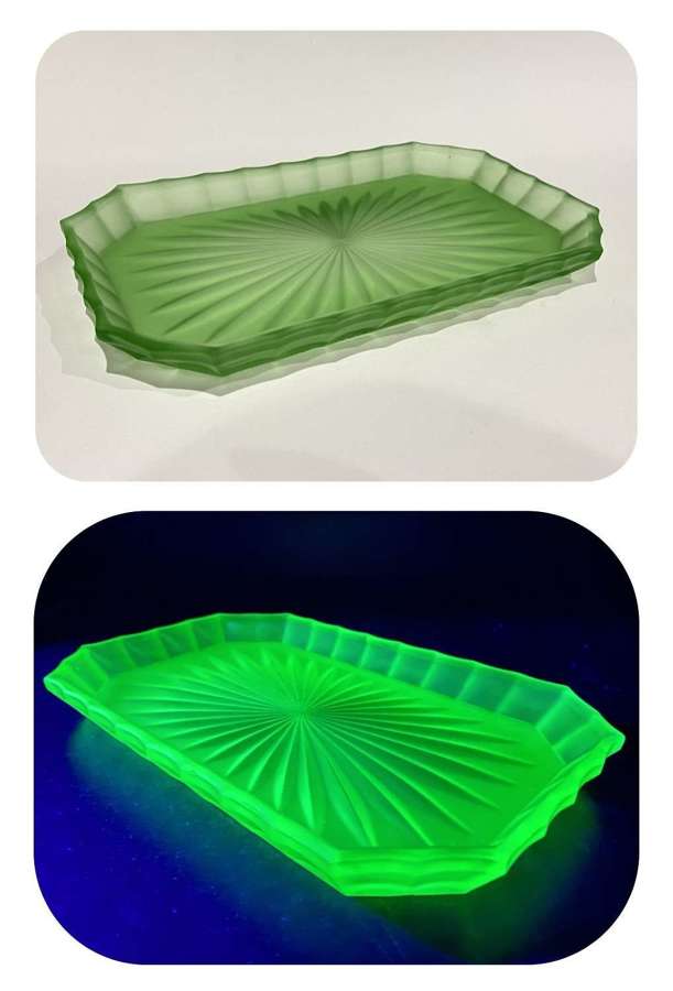Art Deco 1930s Frosted Green Cut Crystal Vaseline Glass Tray