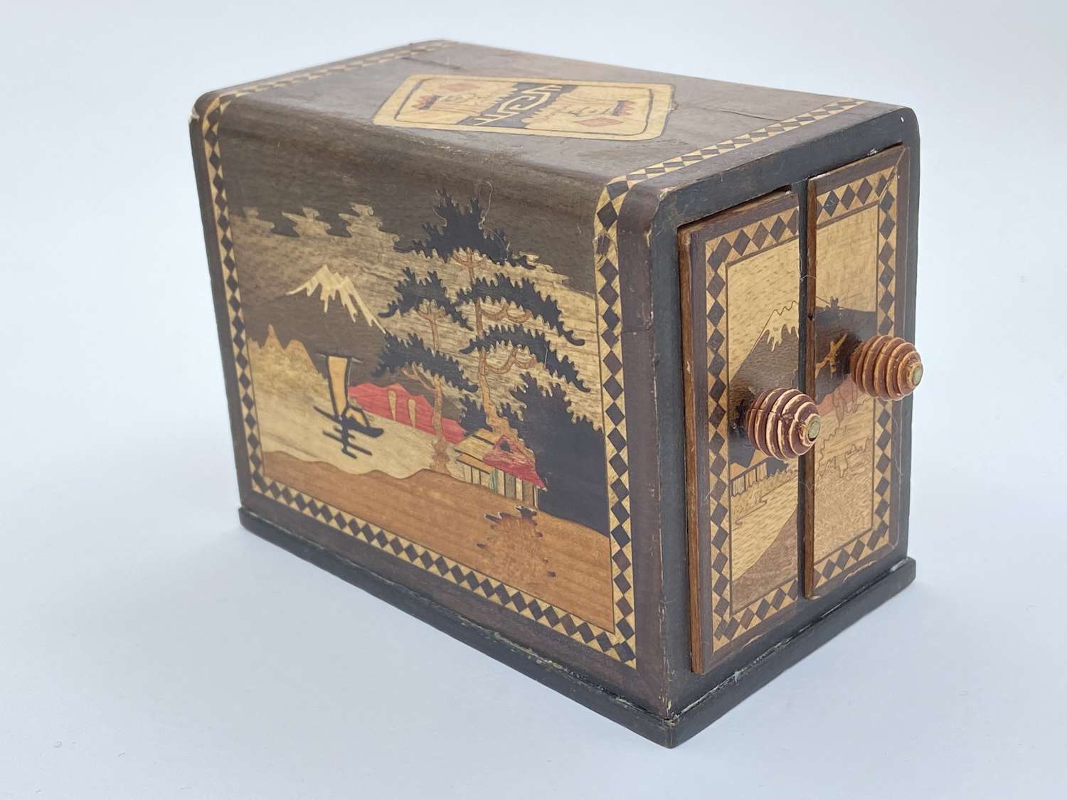 Antique Japanese Hakone Yosegi Parquetry Inlay Scenic Jewellery Box ￼