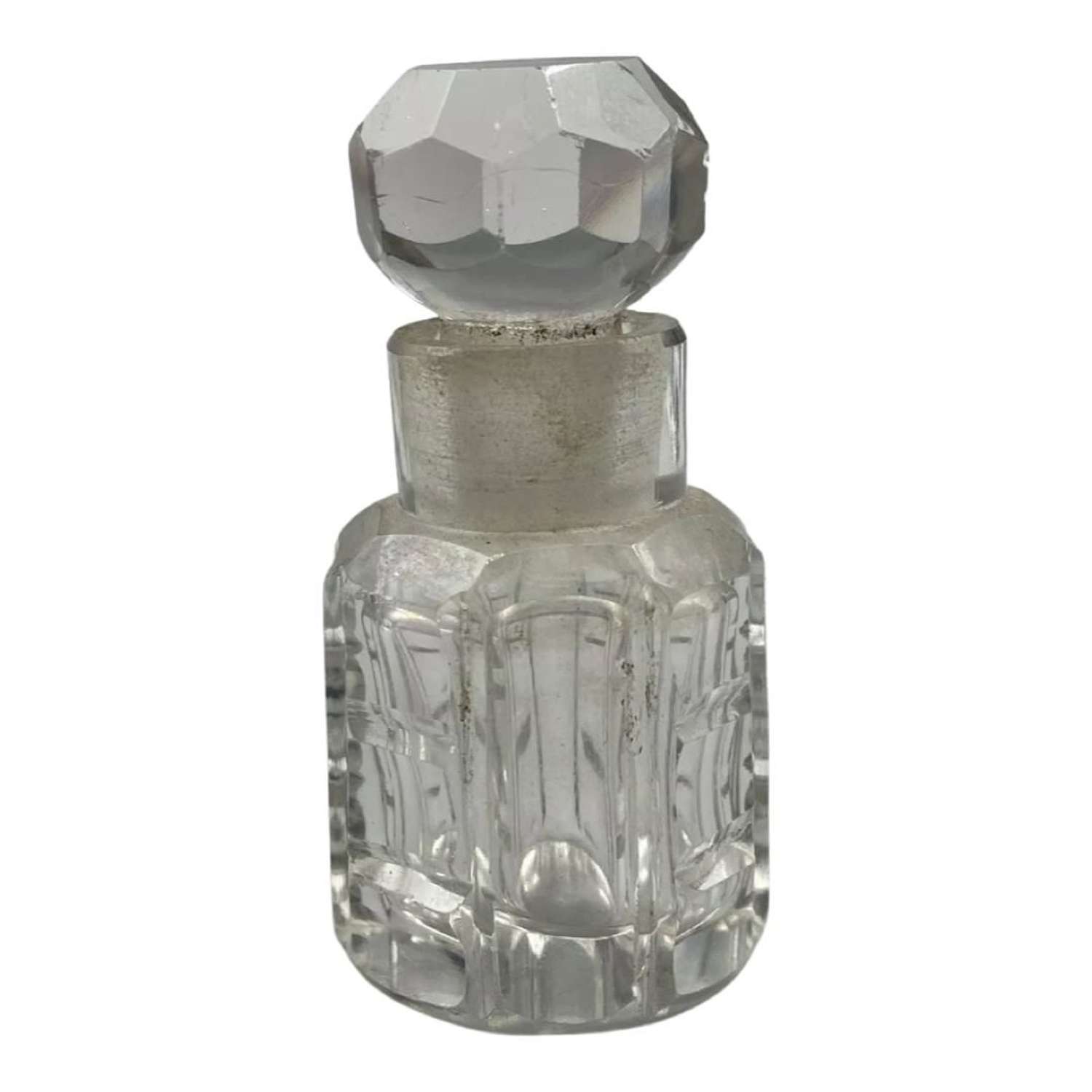 Art Deco Cut Crystal Glass Miniature Octagon Perfume Powder Bottle