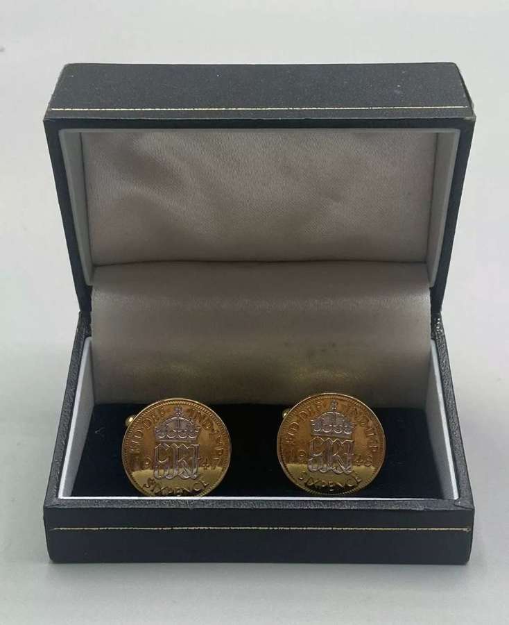 Early Post Ww2 George VI Gold Plated Six Pence Cufflinks 1947 & 1948