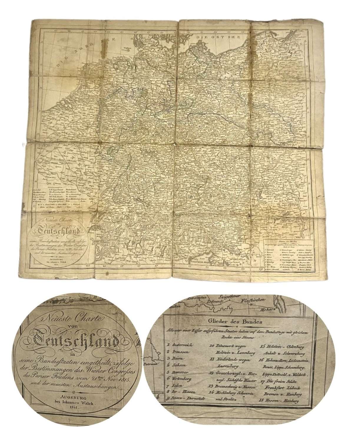 1841 German Johannes Walch Vienna Congress of the Peace of Paris Map