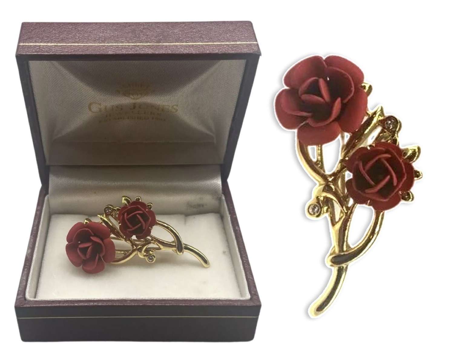 Vintage Gold Tone & Diamond Floral Red Rose Brooch By Gus Jones