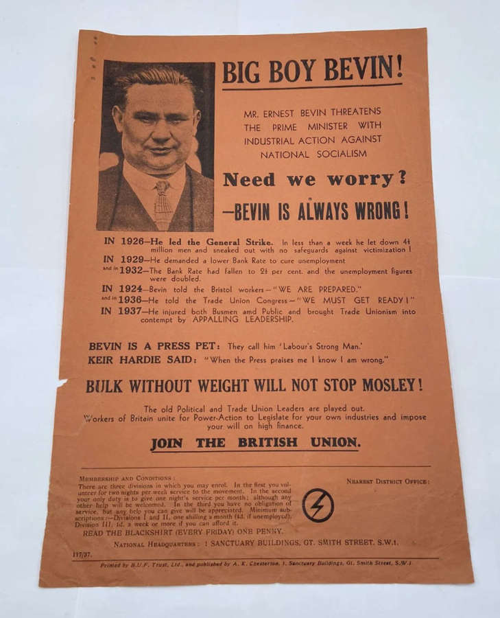 1930s British Union Of Fascists B.U.F Political Poster Against Bevin