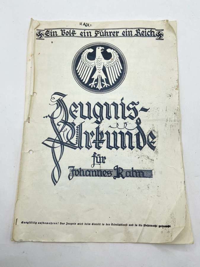 WW2 German School Report To Johannes Rahn 1938