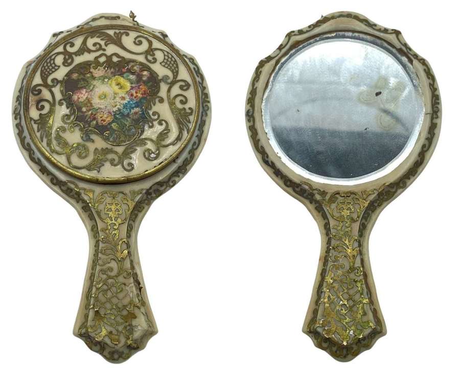 1920s French Art Nouveau Celluloid And Gilt Floral Compact & Mirror