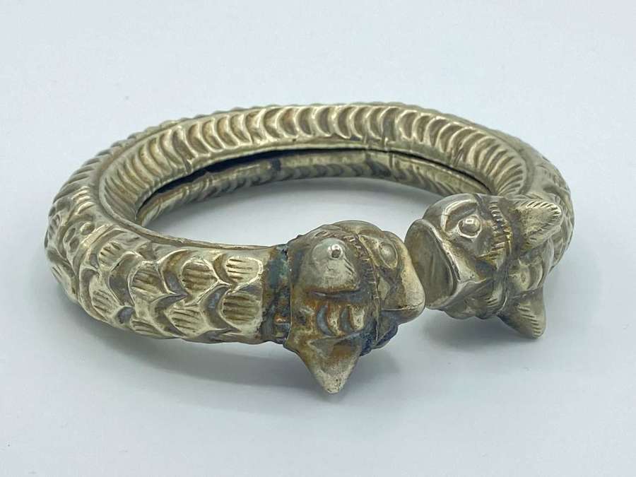 Antique Burmese Shan Smiths Silver Double Headed Tiger Bracelet Bangle