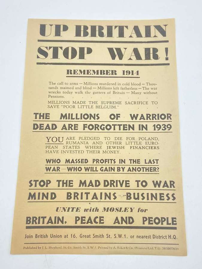 WW2 British Union Of Fascists 1939 Up Britain Stop War Flyer