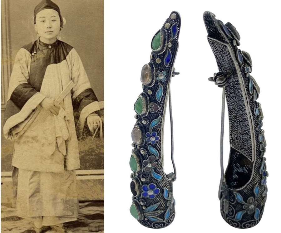 Antique Chinese 1757-1842 Silver Filigree, Jade Fingernail Guard