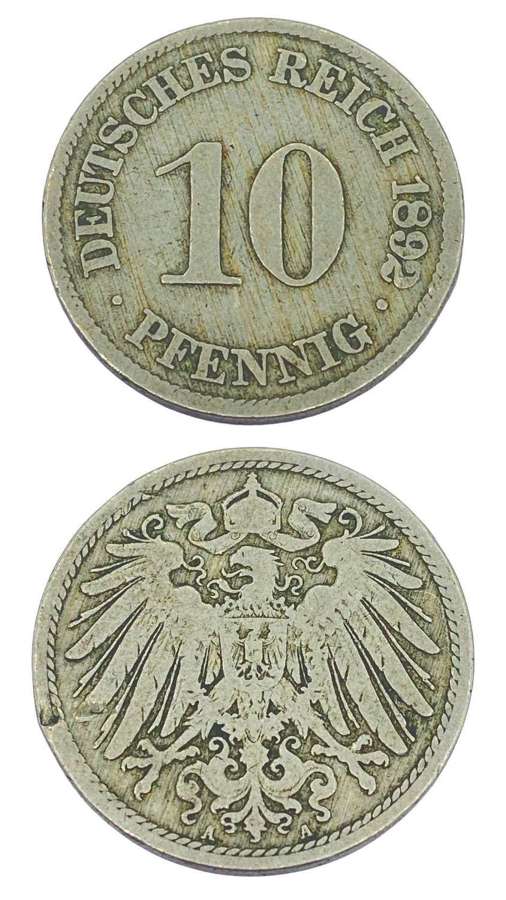 Antique Deutsches Reich 10 Pfennig 1892 Mint Mark A Good Condition