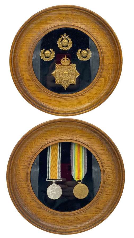 WW1 Royal Marines Light Infantry Chatham Division Framed Medals, Badge