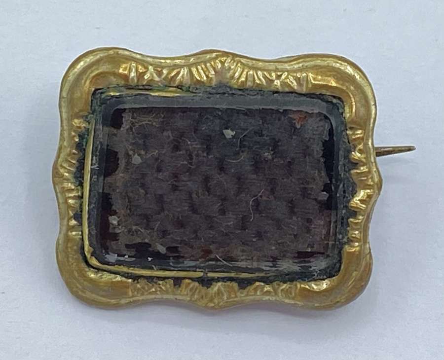 Antique 1880s Gold Plated Mourning & Weaved Hair Panel Brooch