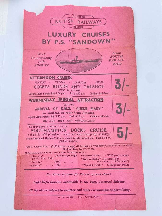 Vintage 1930s Southern British Railways P.S Sandown Cruises Leaflet