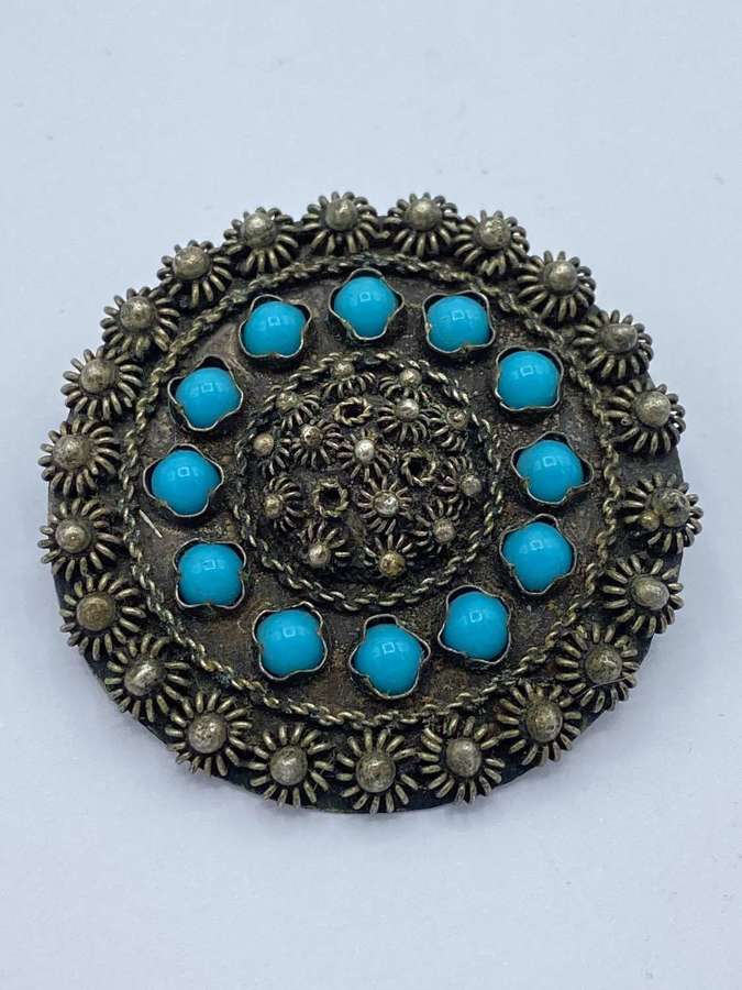 Antique Low Grade Silver & Tortoise Gemstone Round Symmetrical Brooch