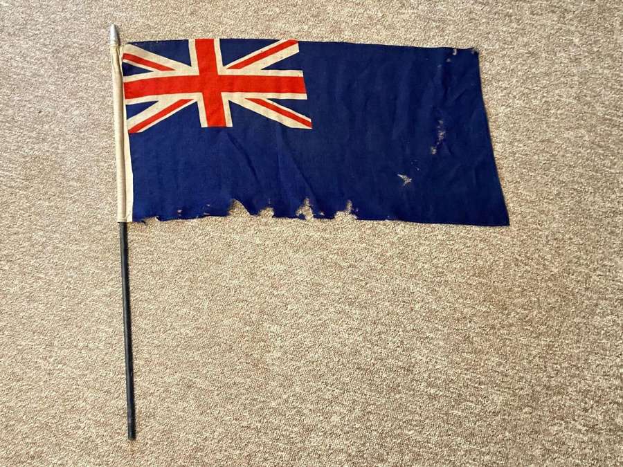 WW2 British Hand Held Royal Navy Large Blue Ensign Flag Moth Damage