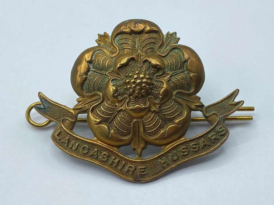 WW2 British Army Lancashire Hussars Brass Double Prong Cap Badge
