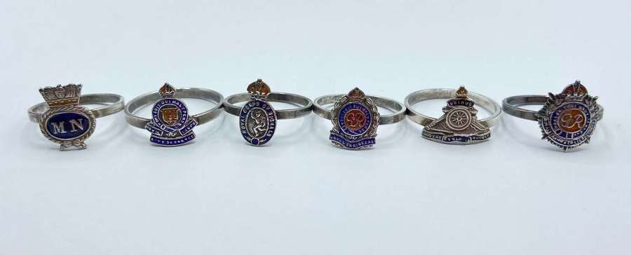 WW2 British Sterling Silver & Enamel Regimental Sweetheart Ring Lot