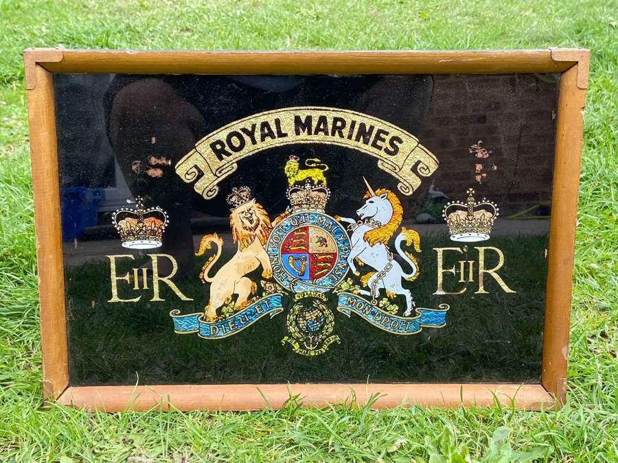 Post WW2 1950s Royal Marines Glass & Foil Large Wall Plaque