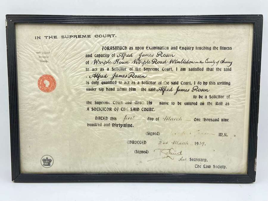 Rare WW2 Solicitor For The Supreme Court 1939 Certificate