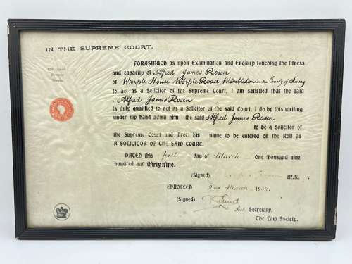 Rare WW2 Solicitor For The Supreme Court 1939 Certificate