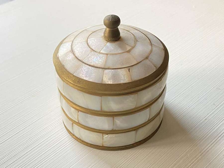 Beautiful Vintage Indian Made Brass & Mother Of Pearl Inlay Box/ Jar