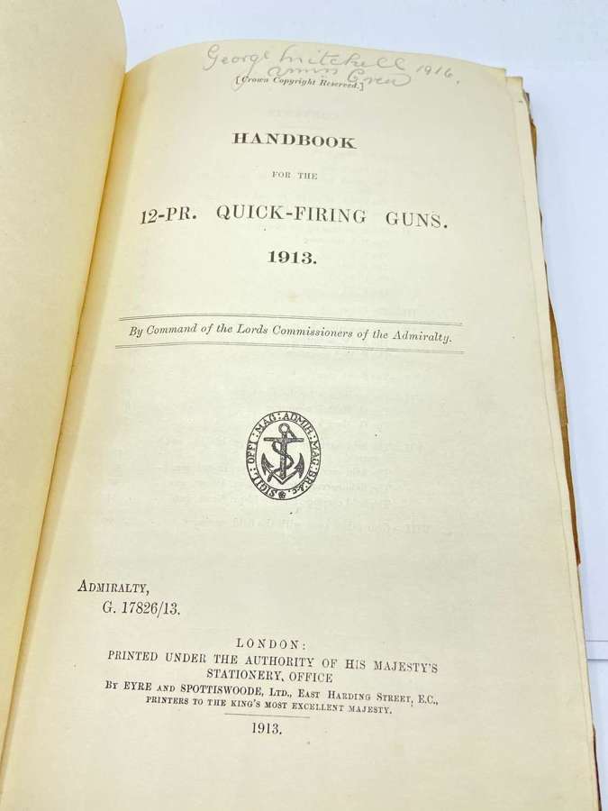 Rare WW1 Handbook For The 12-PR Quick Firing Guns 1913 Admiralty HMSO