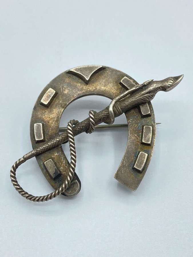 Antique Silver Tested Horse Shoe And Riding Crop Equestrian Brooch