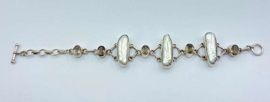 Beautiful Vintage Sterling Silver Labradorite & Baroque Pearl Bracelet
