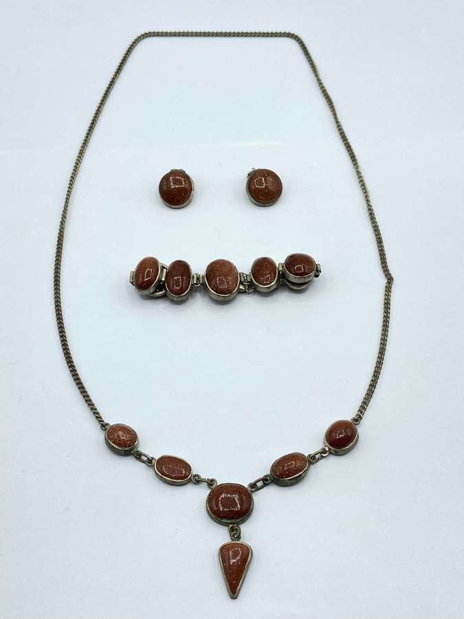 Antique Silver & Goldstone Necklace, Bracelet & Clip On Earrings Set