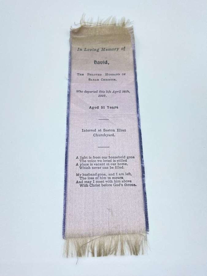 Beautiful Antique Violet Silk Mourning Funeral Bookmark To David 1927