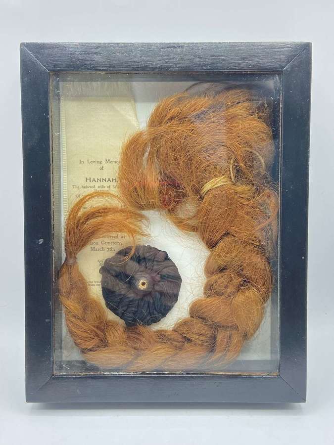 Framed Antique Funeral Bookmark, Mourning Flower Brooch & Hair Platt
