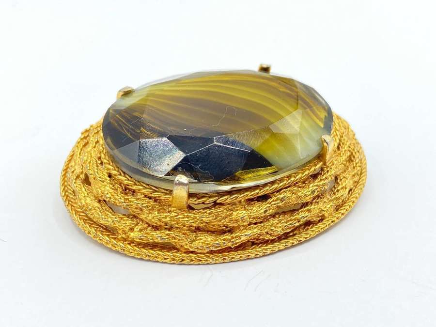 Vintage Gold Tone Banded Agate Imitation Faceted Glass Brooch By Spinx