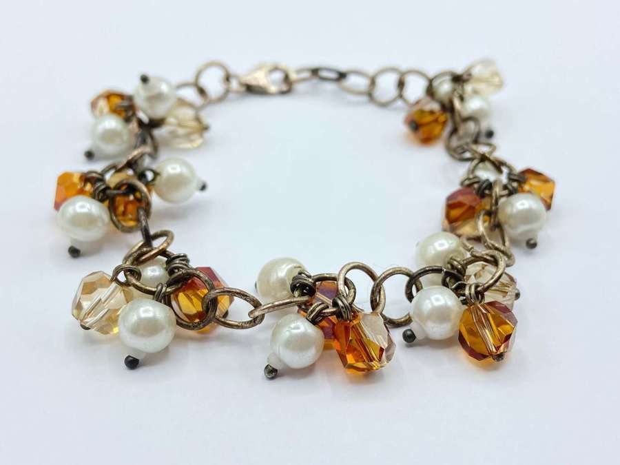 Beautiful Vintage Sterling Silver, Pearl & Aurora Borealis Bracelet