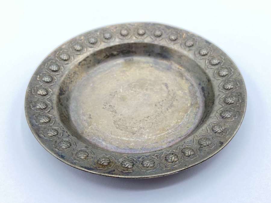 Antique Sterling Silver Asian Japanese Lotus Flower Decorated Plate