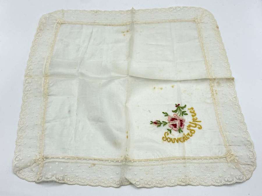 WW1 Silk & Lace Embroidered Souvenir Of Ypres Sweethearts Handkerchief