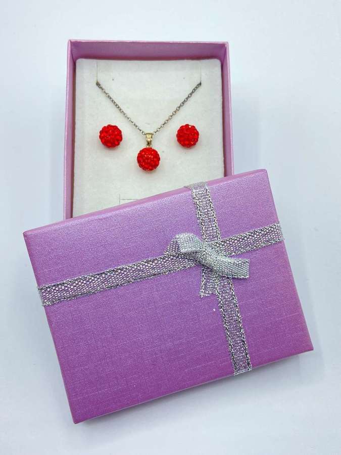 Sterling Silver & Red Rheinstone Disco Ball Necklace & Earring Set