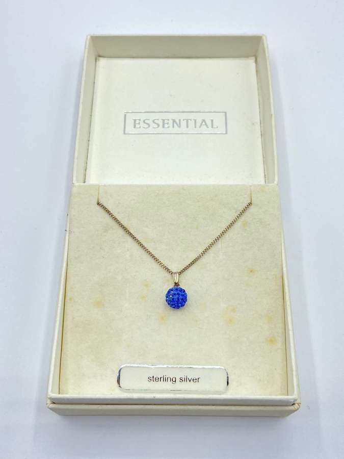 Vintage Boxed Sterling Silver & Blue Rhinestone Disco Ball Necklace