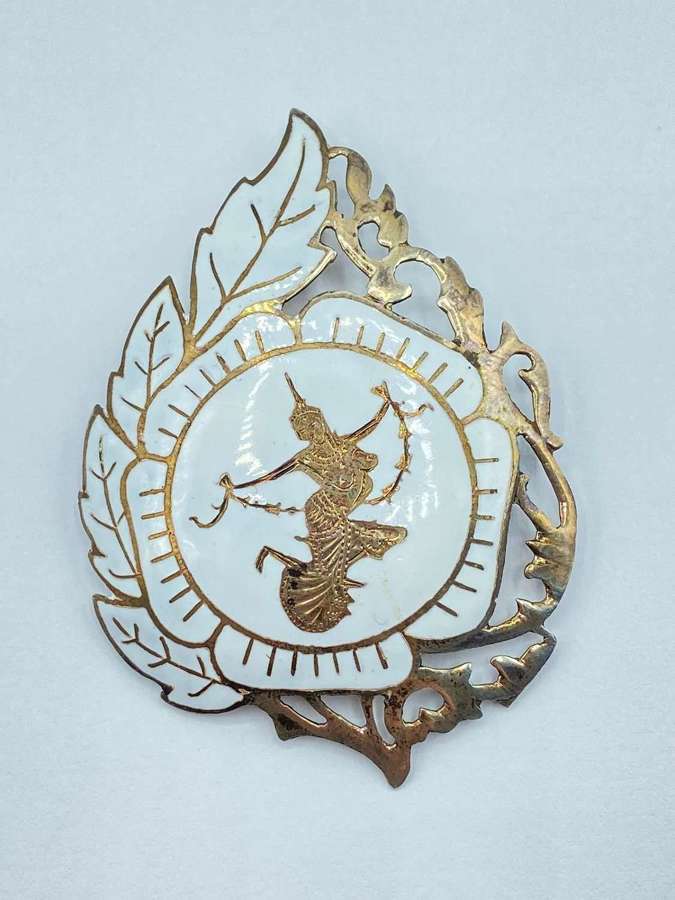 Vintage Large Sterling Silver & White Enamel Siam Dancer Brooch