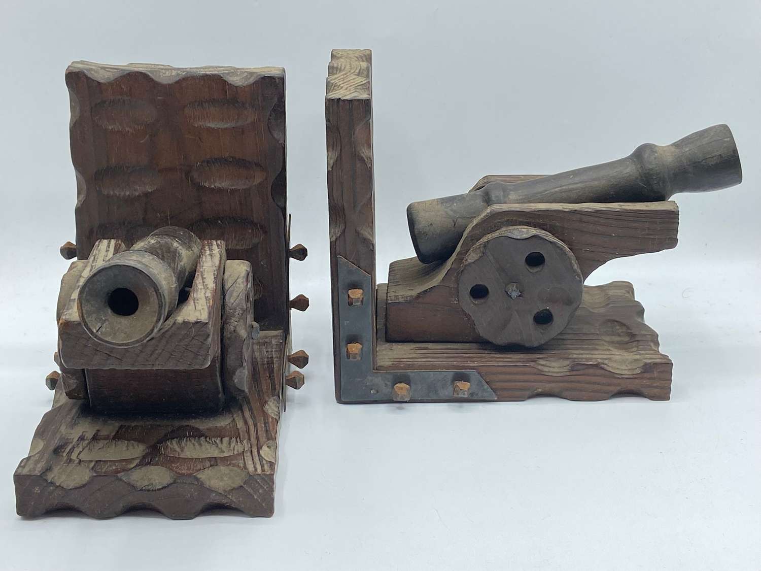 Vintage Hard Wood Carved Rustic Cannon Bookends Perfect For A Man Cave