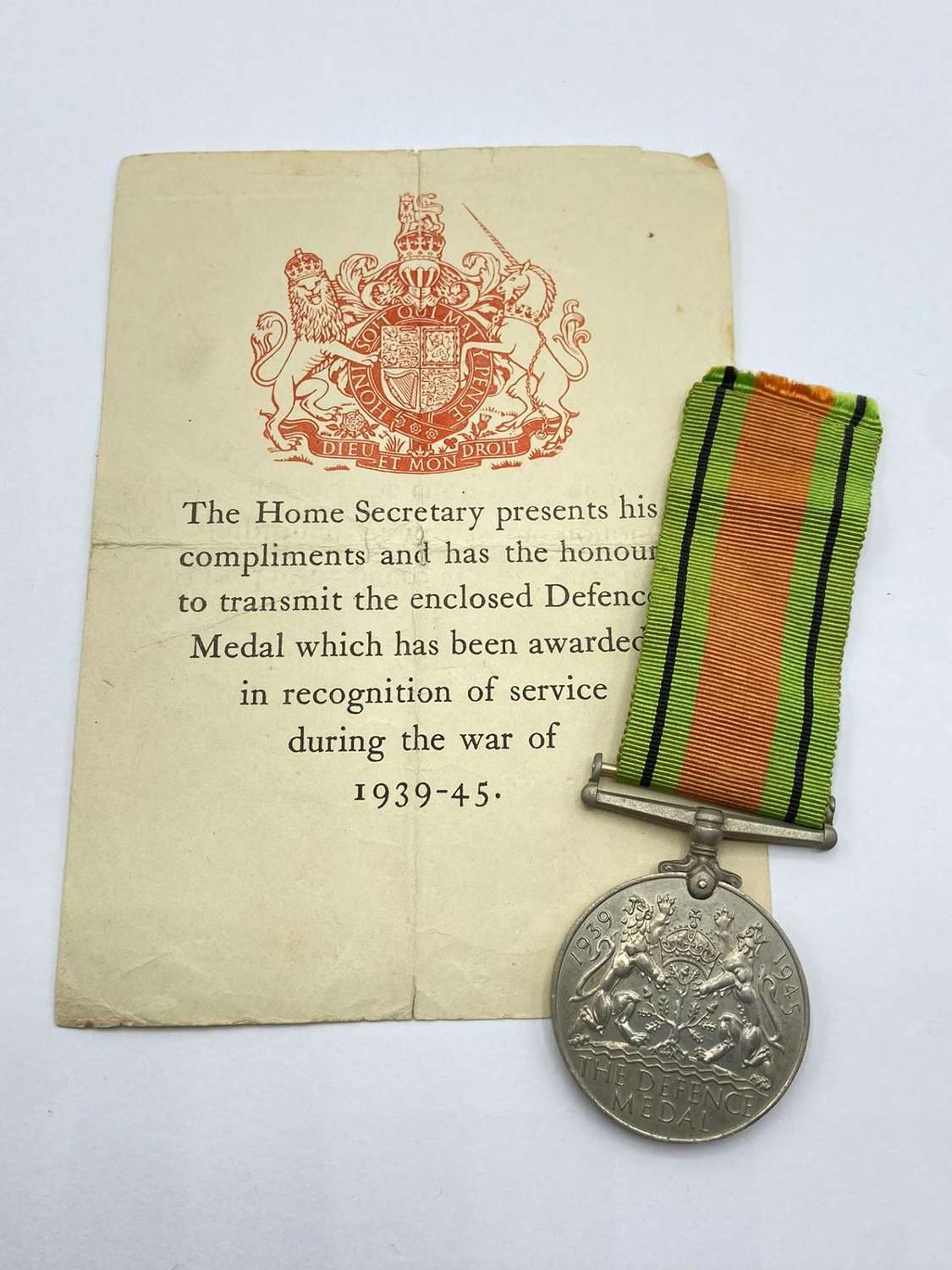 WW2 British Home Front Defence Medal & Certificate